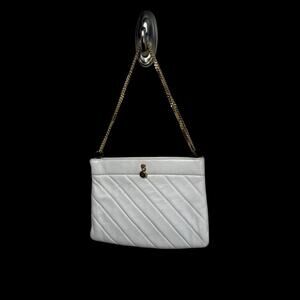 Vintage White Quilted Leather Chain Tote | Gold Accent Evening Shoulder Bag
